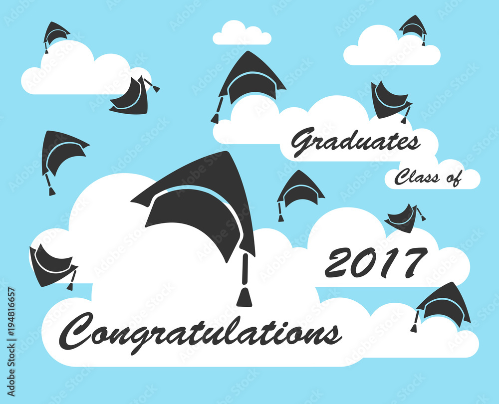 Naklejka premium pattern of graduation hat throw up in the clouds sky. Congratulation 2017. Vector educate cap illustration