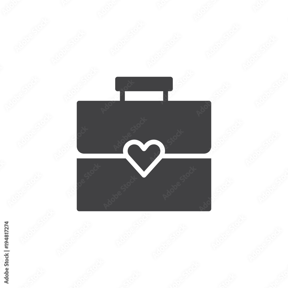 Briefcase with heart vector icon. filled flat sign for mobile concept and web design. Woman's bag simple solid icon. Symbol, logo illustration. Pixel perfect vector graphics Briefcase with heart vector icon. filled flat sign for mobile concept and web design. Woman's bag simple solid icon. Symbol, logo illustration. Pixel perfect vector graphics