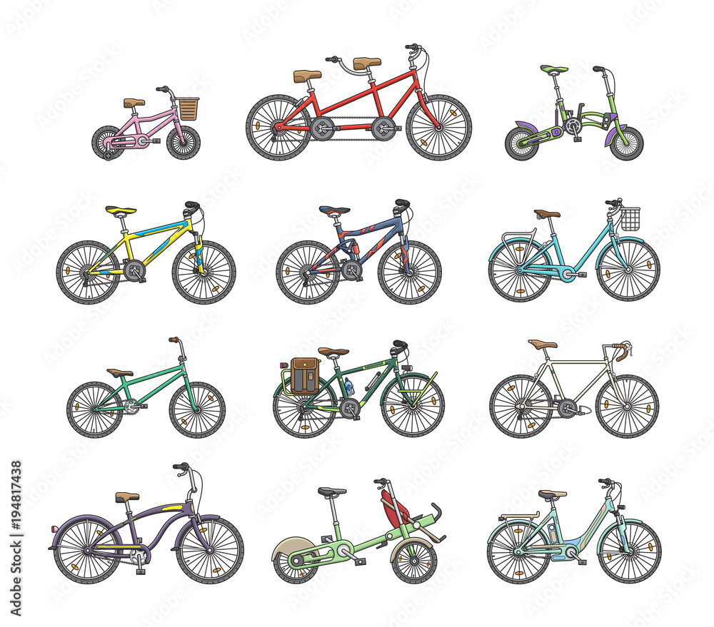 Big flat graphic design set of different bicycles. Big flat graphic design set of different bicycles.