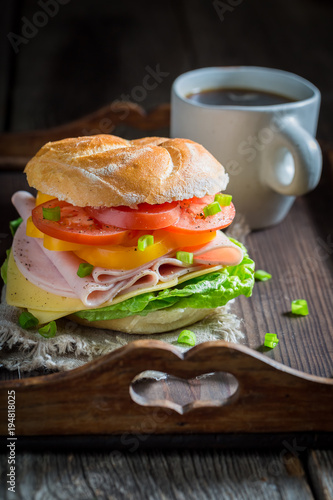 Tasty sandwich with ham, cheese and tomatoes