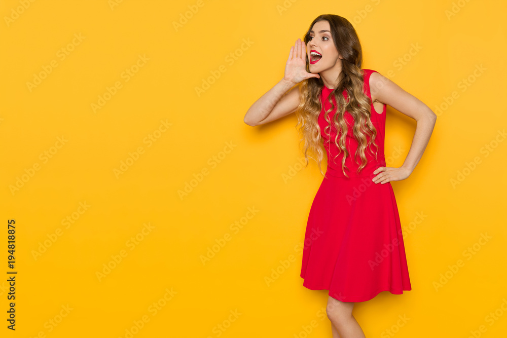 Happy Young Woman Is Holding Hand On Chin, Looking Away And Shouting Happy Young Woman Is Holding Hand On Chin, Looking Away And Shouting
