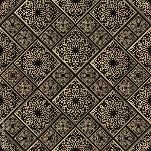 Islamic vector design. Seamless pattern oriental ornament. Black and golden textile print. Floral tiles.