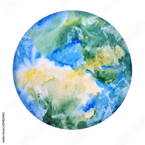 Earth Hand Drawn. Globe in Watercolor Texture.  Illustration of World Map Paint Splash Isolated on White Background. Save Planet, Ecology Icon Concept.