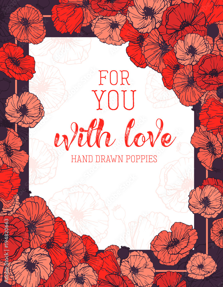 Fototapeta premium Wedding Ultraviolet vintage photo frame A4 size with poppies. Old or retro hand drawn ornate with bouquet of flowers on top of white blank greeting card. With Love hand lettering text