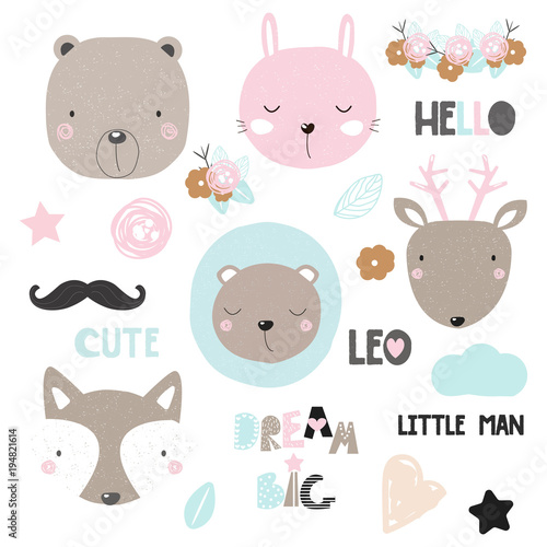 Set of cute animals, floral elements and slogans. Vector hand drawn illustration.
