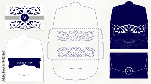 Wedding invitation card packaging template. Mockup for laser cutting.  Vector envelope. Opened navy blue isolated on a background. Decorative invite cutout folder with swirl. Save the date. Paper lace