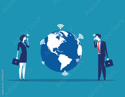 Business people and globe communicating. Concept business vector illustration.