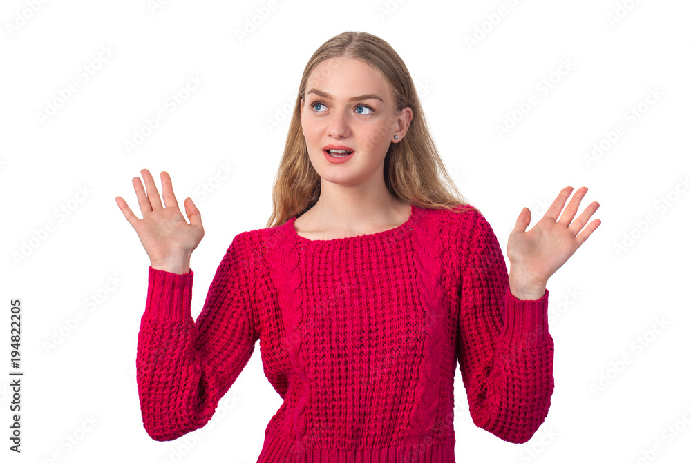 beautiful blonde smiling girl expresses emotion with opened hands beautiful blonde smiling girl expresses emotion with opened hands