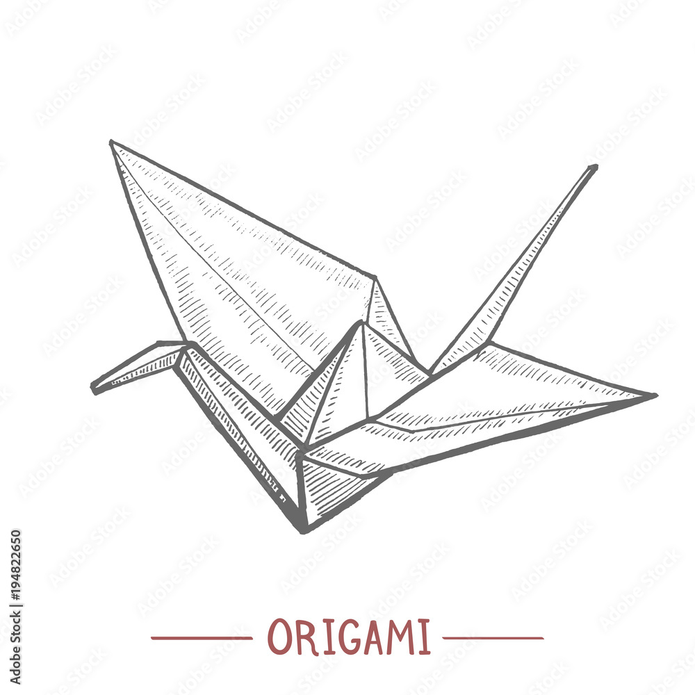 Origami. Paper Crane in Hand Drawn Style for Surface Design Fliers Prints Cards Banners. Vector Illustration