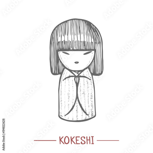 Kokeshi. Japanese Doll in Hand Drawn Style for Surface Design Fliers Prints Cards Banners. Vector Illustration