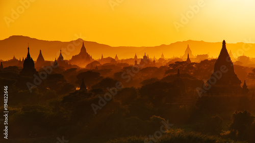 Bagan, Myanmar - November 27, 2015 : .View of the sunrise over the temples of the plain of Bagan