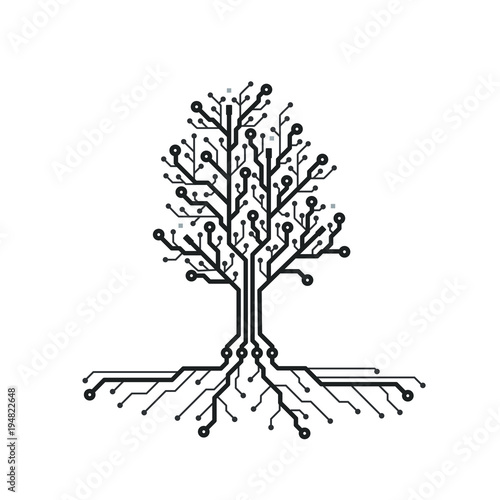 Concept circuit board tree. Futuristic background with tech tree. PCB. Black and white texture. Vector illustration.