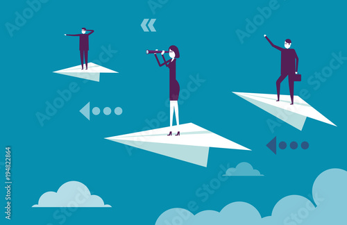 Business team standing on paper airplanes. Vector illustration best team people business concept.