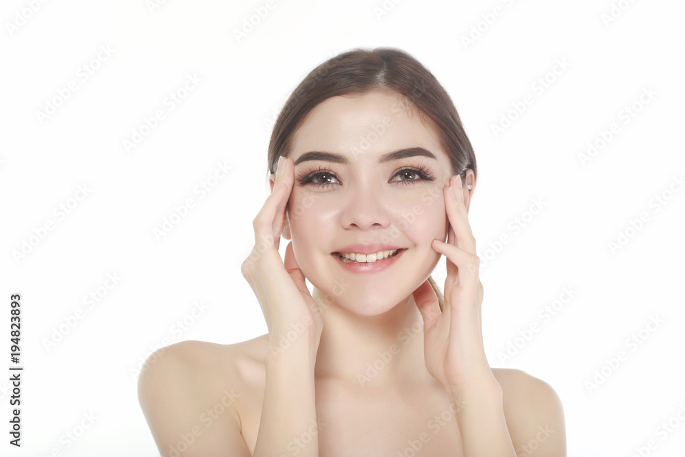 Charming beautiful face woman with perfect skin portrait present skincare concept, beauty spa and cosmetics image two hand touch face skin with treatment cream gel. Charming beautiful face woman with perfect skin portrait present skincare concept, beauty spa and cosmetics image two hand touch face skin with treatment cream gel.