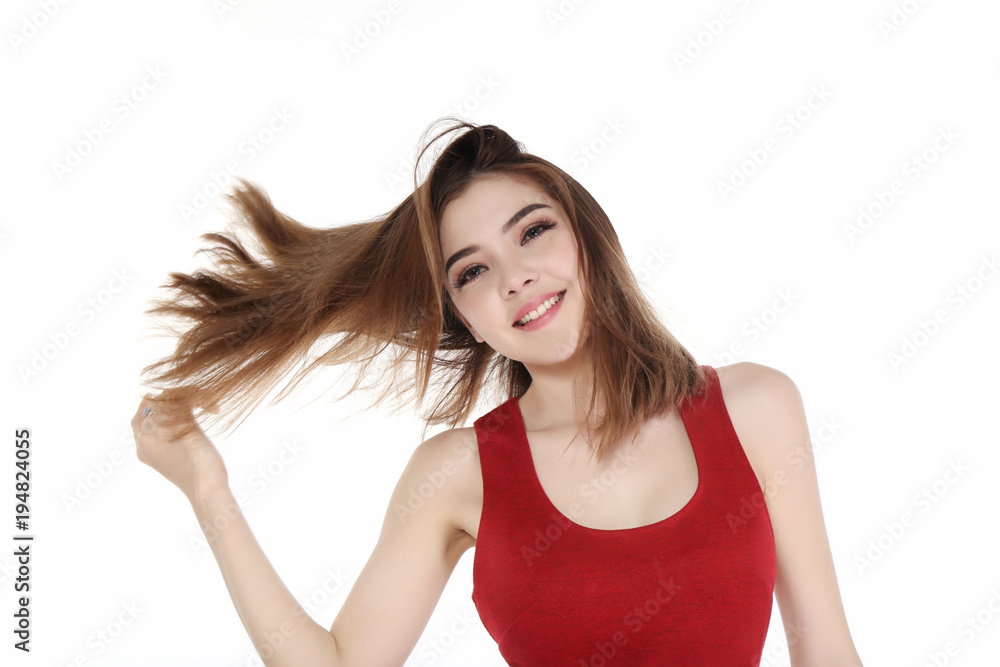 Charming beautiful face woman with perfect skin portrait present beauty skincare spa and cosmetics concept, beautiful model girl hand hold shiny brown straight hair. care and hair products. Charming beautiful face woman with perfect skin portrait present beauty skincare spa and cosmetics concept, beautiful model girl hand hold shiny brown straight hair. care and hair products.