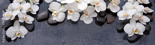 Fototapeta Naklejka Na Ścianę i Meble -  Spa background with white orchid and black stones.