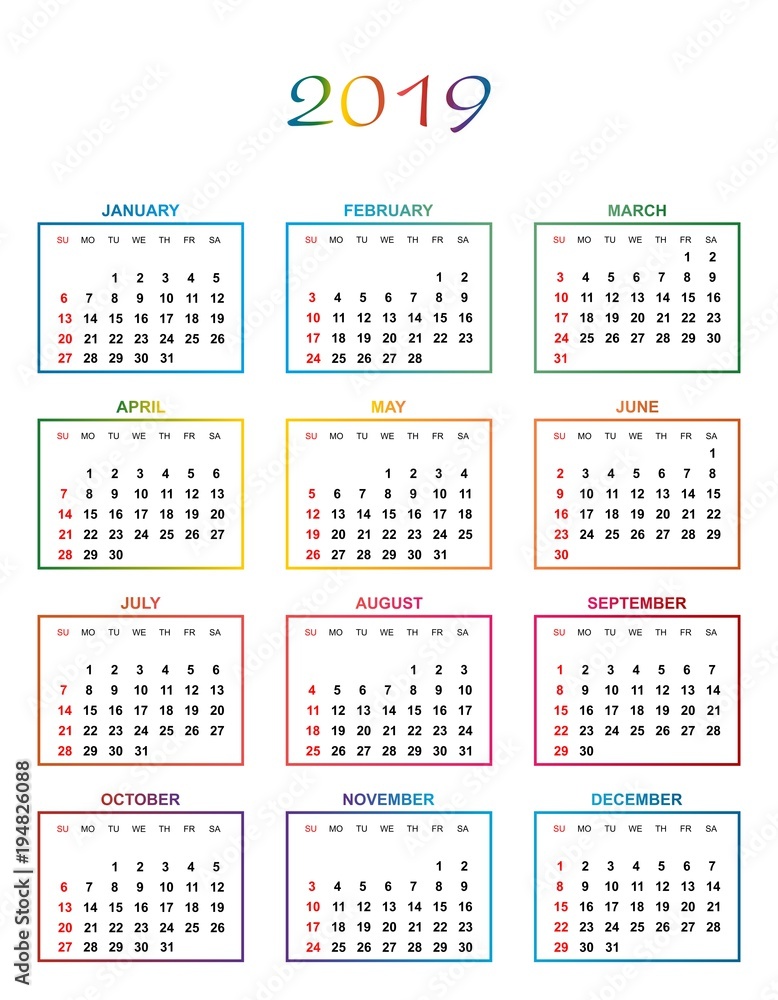 Simple Color Calendar For The Year 19 The Names Of Days And Months In A Row Numbered Days In The Colored Squares On A White Background Stock Vector Adobe Stock