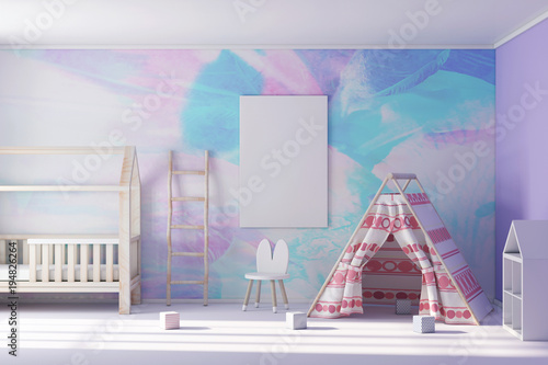 Poster frame mockup in child room with new wigwam 3d rendering photo