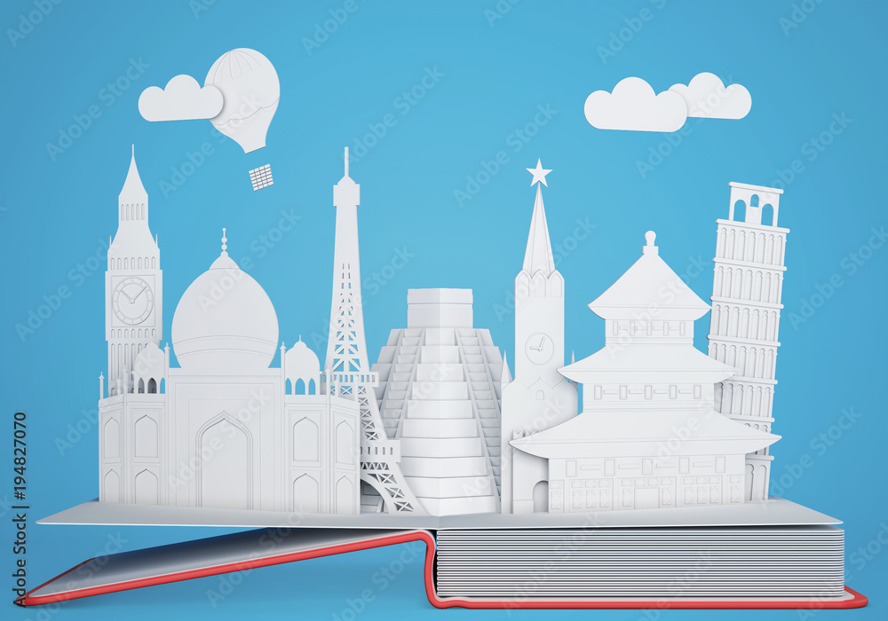 Pop up book with world landmarks. 3D rendering