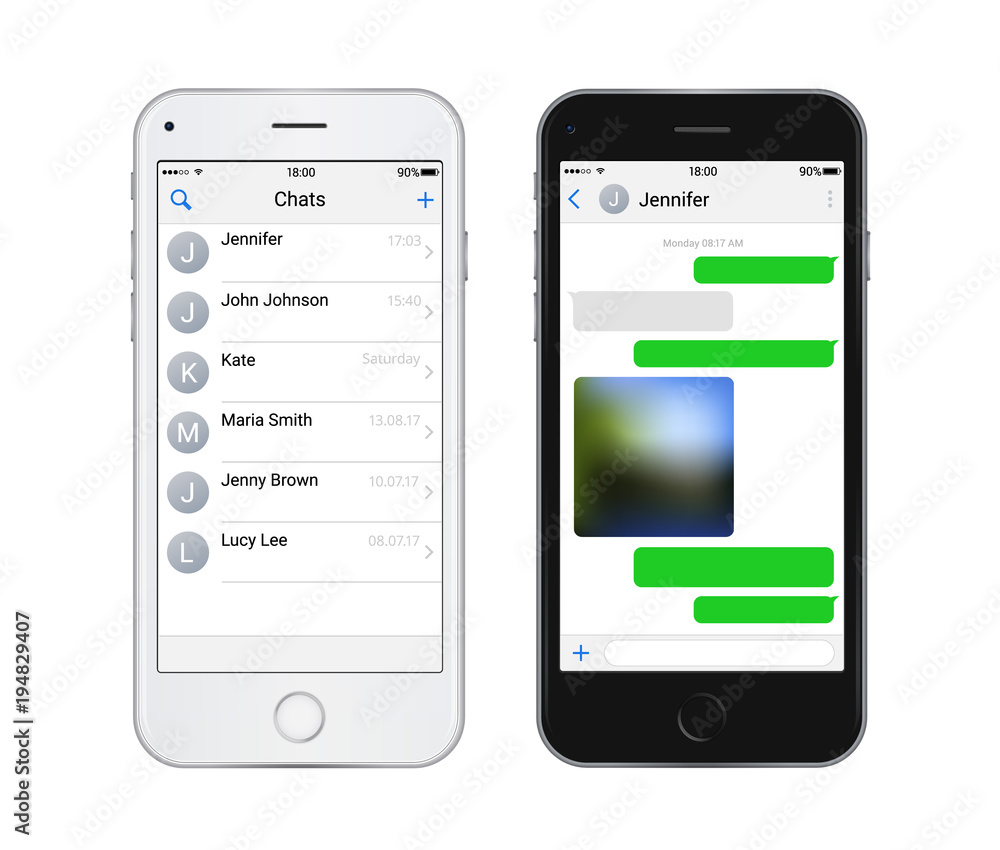 Two chat screens templates, Contacts page mockup and text bubbles messeges, and sended media file. Vector editable illustrationisolated on the white background. Two chat screens templates, Contacts page mockup and text bubbles messeges, and sended media file. Vector editable illustrationisolated on the white background.