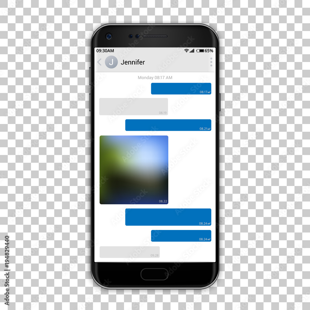 Chat messenger on phone screen, vector illustration. High detailed quality black smartphone mockup with screenshot of chatting app. Chat messenger on phone screen, vector illustration. High detailed quality black smartphone mockup with screenshot of chatting app.