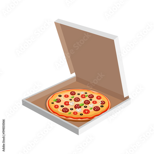 Pizza in a box isolated on white background.