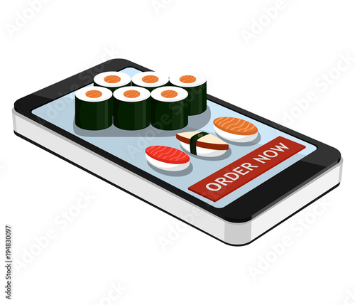 Sushi order using smartphone or tablet. Order sushi online. Sushi and smartphone isolated on white background.