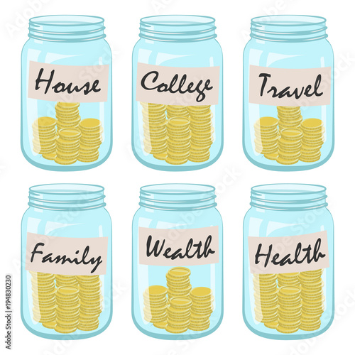 Six glass jars with coins and inscriptions on them on a white background.