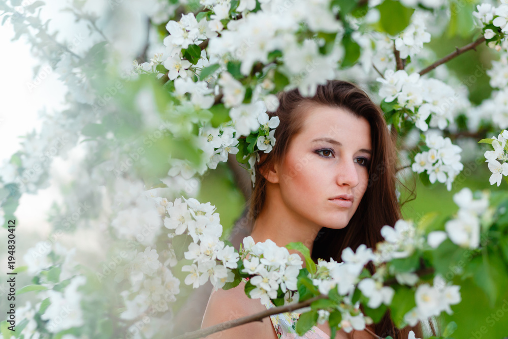 Fototapeta premium Portrait of a young beautiful woman posing among blooming Apple trees. Girl with long hair posing among the flowers. Close-up with space for text.