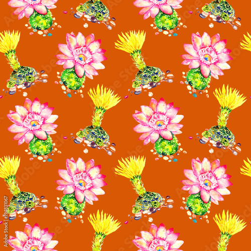 Cactus with pink and yellow flowers  seamless pattern design  hand painted watercolor illustration  bright orange background