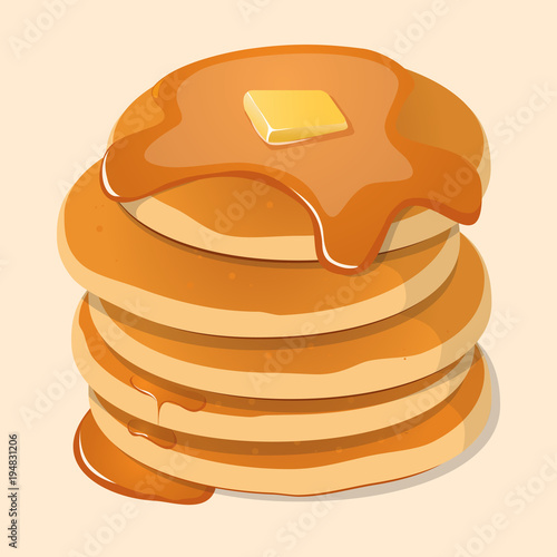 Vector illustration. Fresh tasty hot pancakes with sweet maple syrup. Cartoon icon isolated on background. Vintage restaurant sign.