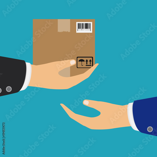 The hand that is holding the parcel. Delivery concept. Vector illustration