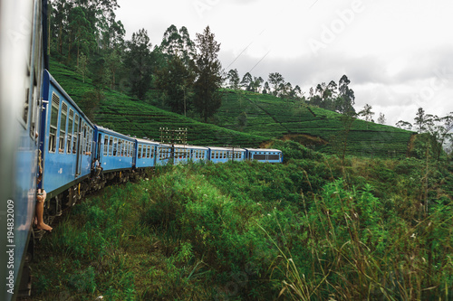 Blue train running through mountain forest