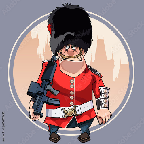 cartoon formidable soldier of the Royal Guard stands with a gun