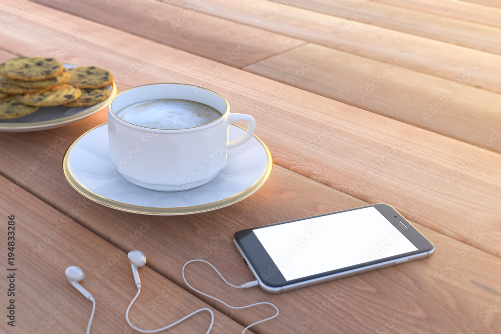 Coffee cup and smart phone on table in the morning. Coffee cup and smart phone on table in the morning.