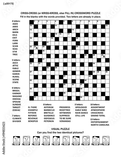 Puzzle page with two games: 19x19 fill-in (or criss-cross, else kriss-kross) crossword puzzle and visual puzzle with whimsical faces. Black and white, A4 or letter sized. 