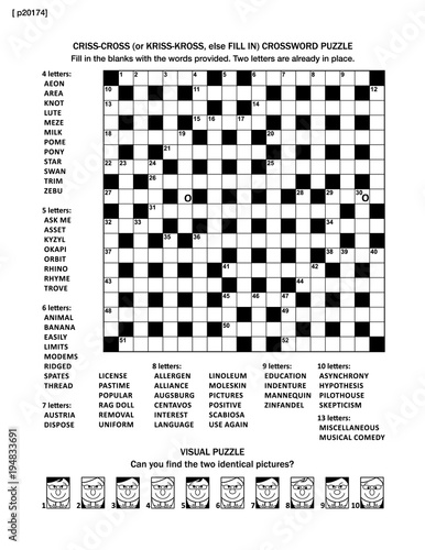 Puzzle page with two games: 19x19 fill-in (or criss-cross, else kriss-kross) crossword puzzle and visual puzzle with whimsical faces. Black and white, A4 or letter sized.  photo