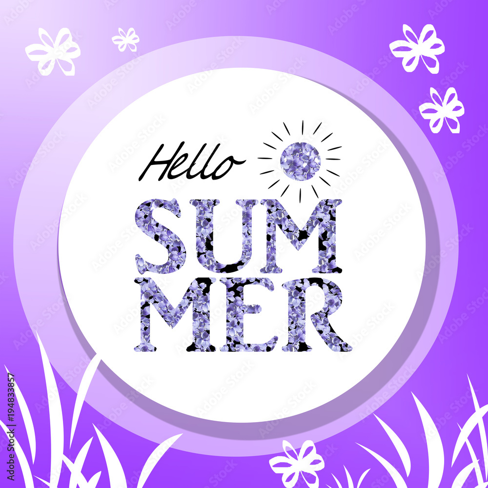 Print for tee shirt with message Hello summer on the white background. Purple lilac flowers illustration. Print for tee shirt with message Hello summer on the white background. Purple lilac flowers illustration.