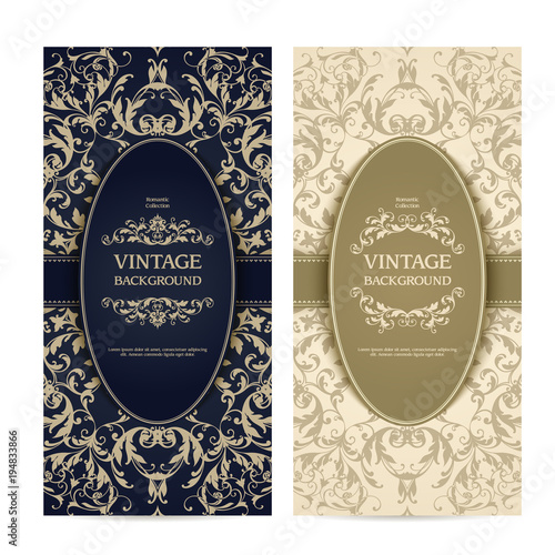 Vintage template set with ornamental frames and patterned background. Elegant lace wedding invitation design, Greeting Card, banners