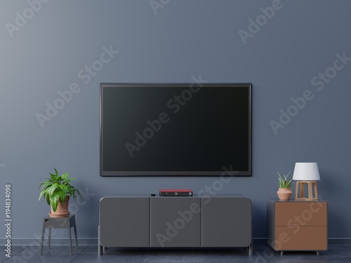 Smart TV in live room and dark wall ,3D rendering © Vanit่jan