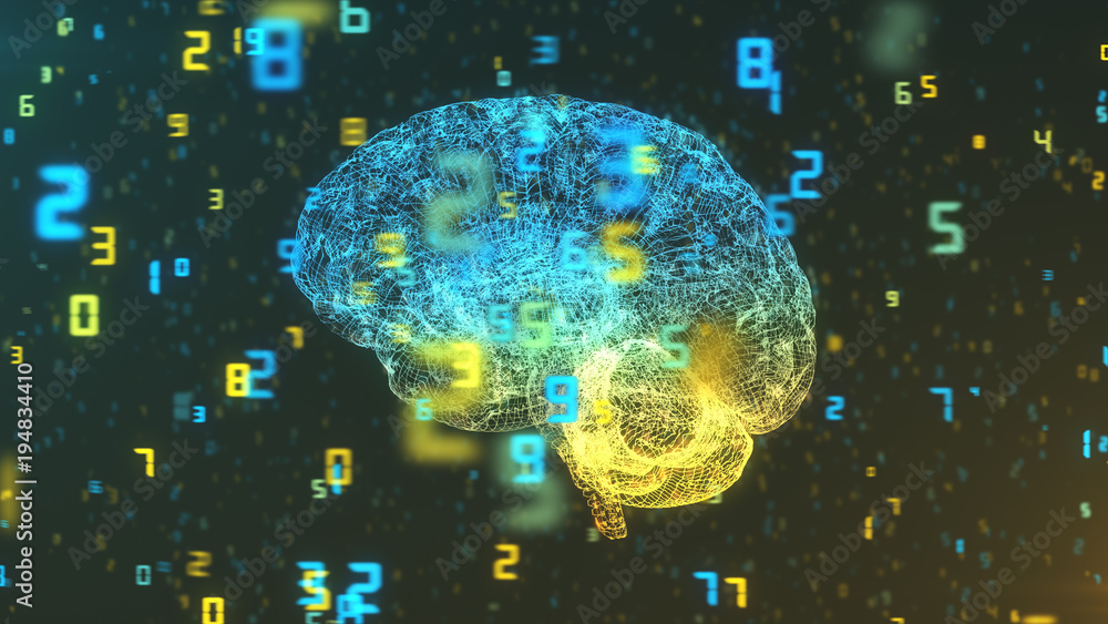 Digital computer brain 3D render floating in left profile view with ...