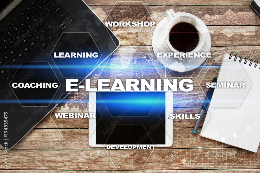 E-Learning on the virtual screen. Internet education concept. E-Learning on the virtual screen. Internet education concept.