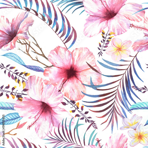 Tapety Ręcznie rysowane kolorowy wzór z akwarela liści palmowych, egzotycznych roślin i kwiatów hibiskusa. Lato powtarzające się tło
