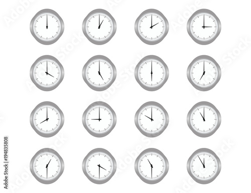 Set of clocks for every hour on the white background. Vector flat illustration