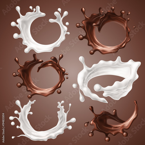 Set of realistic splashes and drops of milk and melted chocolate. Dynamic circle splashes of whirl liquid chocolate, milk products, coffee, cocoa. Design elements for packaging. Vector 3d illustration