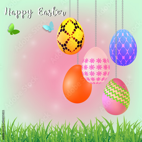 Happy Easter background with colorful decorated eggs, vector illustration eps10