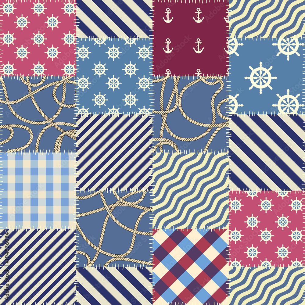 Seamless background pattern. Patchwork pattern in nautical style. Vector image.
