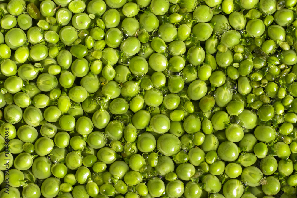 background of fresh green peas on water