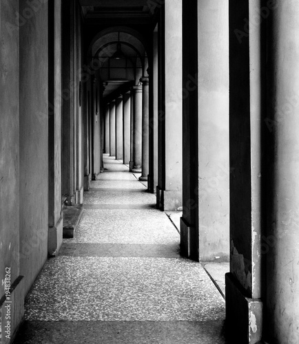 Portico, sheltered walkway, in Bologna with its almost 40 kilometres of porticos. Bologna is a unique city in the world