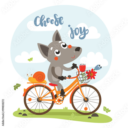 cheerful wolf on a bike vector